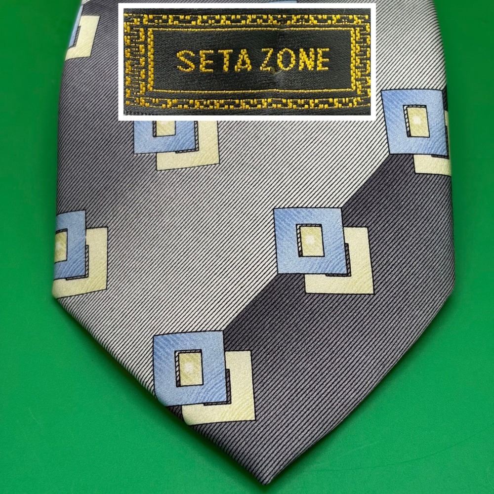 Seta Zone 100% Silk Necktie Mens Extra Long Classic Gray Geometric Hand Made Tie